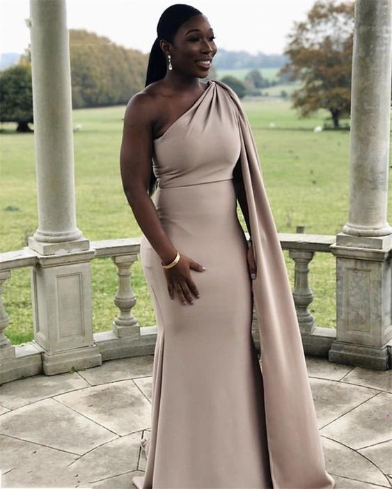 Simple Mermaid Evening Dresses With Cape African One Shoulder Floor Length Prom Dress Party Gown C2266