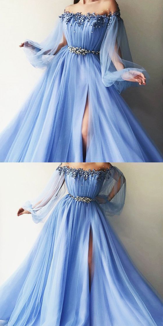 Elegant Blue Long Sleeves Off the Shoulder Beaded Crystal Side Slit Prom Dresses C1833