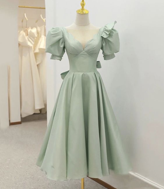 Vintage / Retro Sage Green A-Line / Princess Scoop Neck Puffy Short Sleeve Homecoming Dress C2029