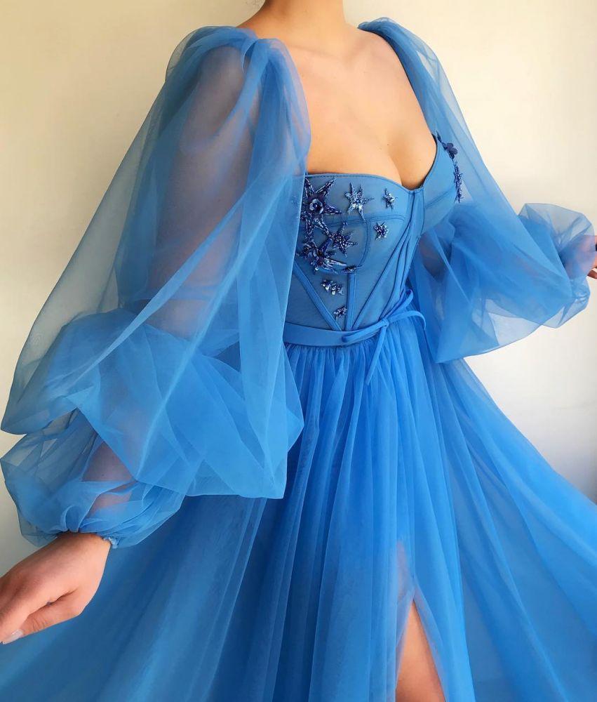 Vintage Puffy Sleeves Prom Dresses Tulle Princess Prom Quinceanera Dresses for Women C1982