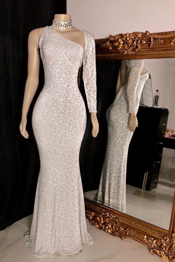 One Shoulder Long Sleevess Silver Party Dress Sequins Mermaid Prom Dress C2002