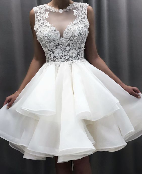 Round Neck Short Ivory Lace Short Ivory Lace Formal Homecoming Dress C18