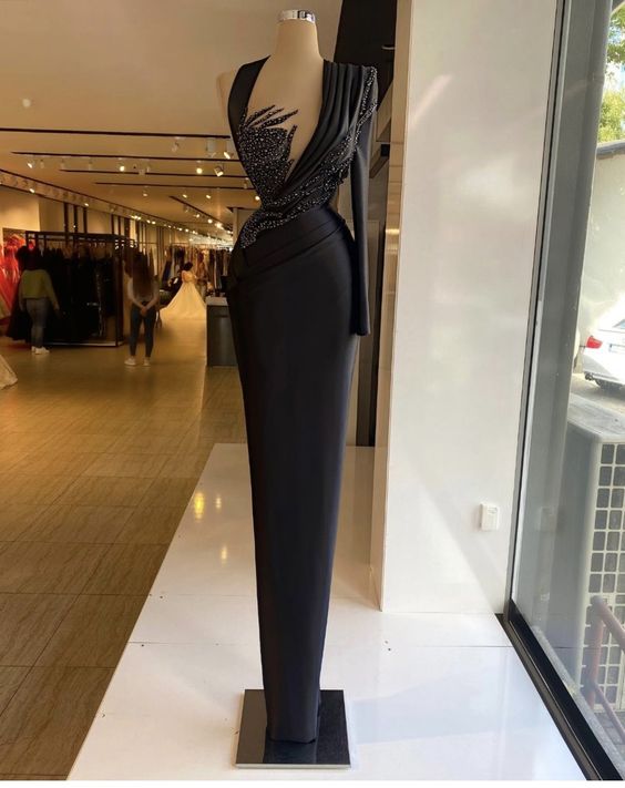 Black Sheath Beading Evening Dresses One Shoulder Long Sleeve Crystal Pleats Prom Dress Formal Party Gowns Custom Made C2198