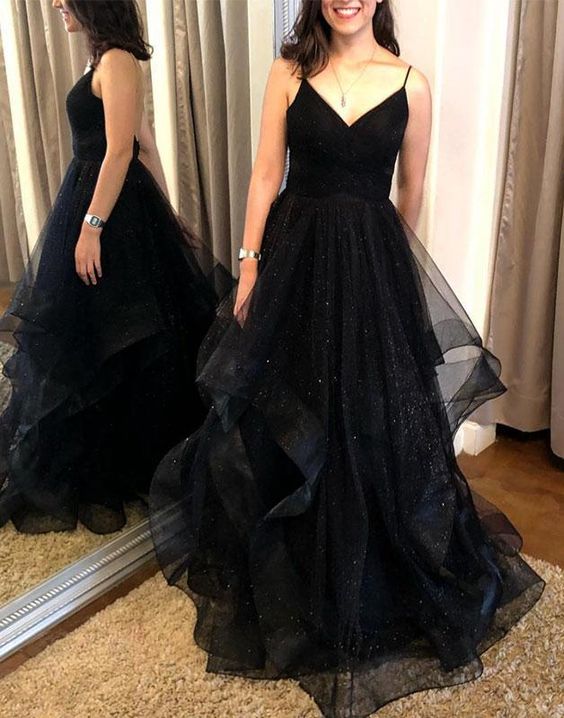 A Line V Neck Black Backless Prom Dresses C1117