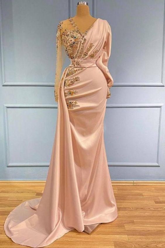 Elegant V-Neck Long Sleeves Mermaid Prom Dress with Gold Sequins Appliques C2054