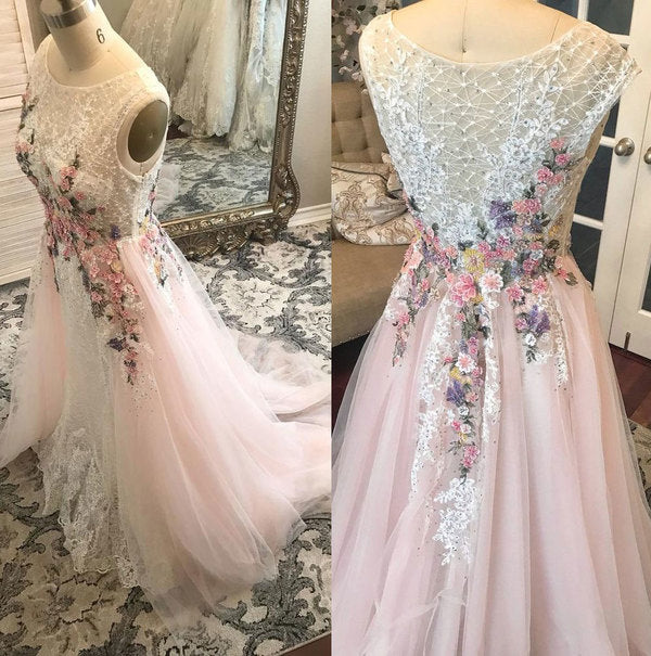 Pink Wedding Dresses Bridal Gown with Appliques Elegant Prom Dress C2347