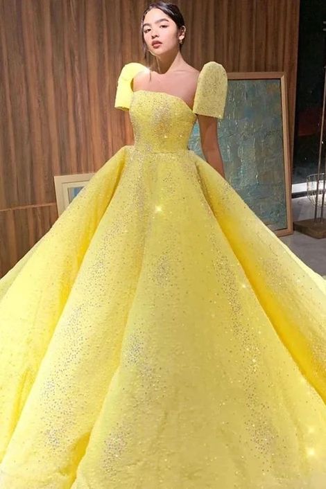 Ball Gown Sparkly Yellow Short Sleeves Prom Dresses Evening Dress C2152