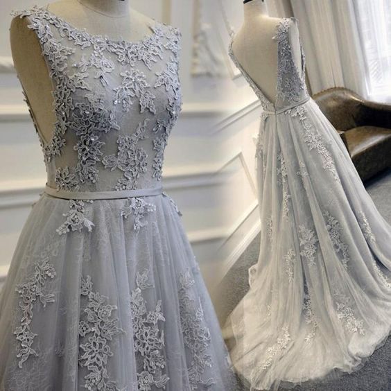 A-line Lace Appliques Sleeveless V-back Long Prom Dress C12