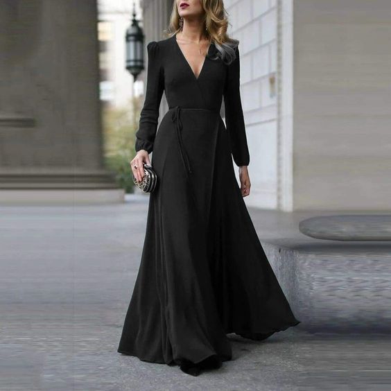 Black/ Burgundy/Green Vintage Formal Dress Women Lady V Neck Long Sleeve Prom Dress C752