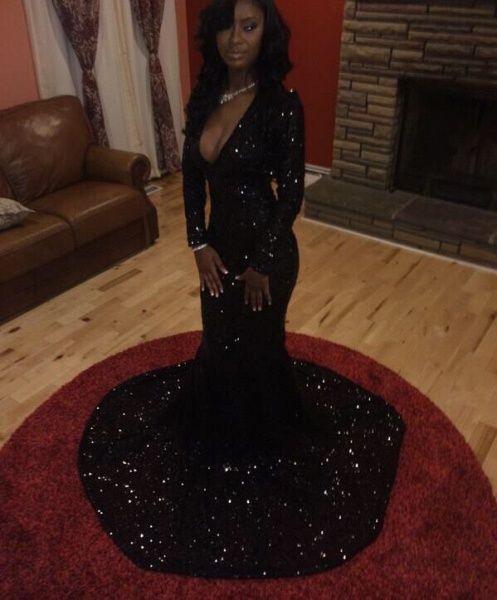 Sparkly Sequins Long Sleeve Deep V-Neck Black Prom Dresses C1903