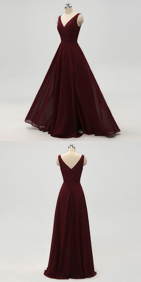 A-line V-neck Burgundy Chiffon Prom Dresses With Pleats C1739
