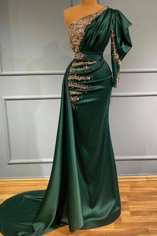 Charming dark green satin mermaid evening dress with gold bow appliqués pearls C2074