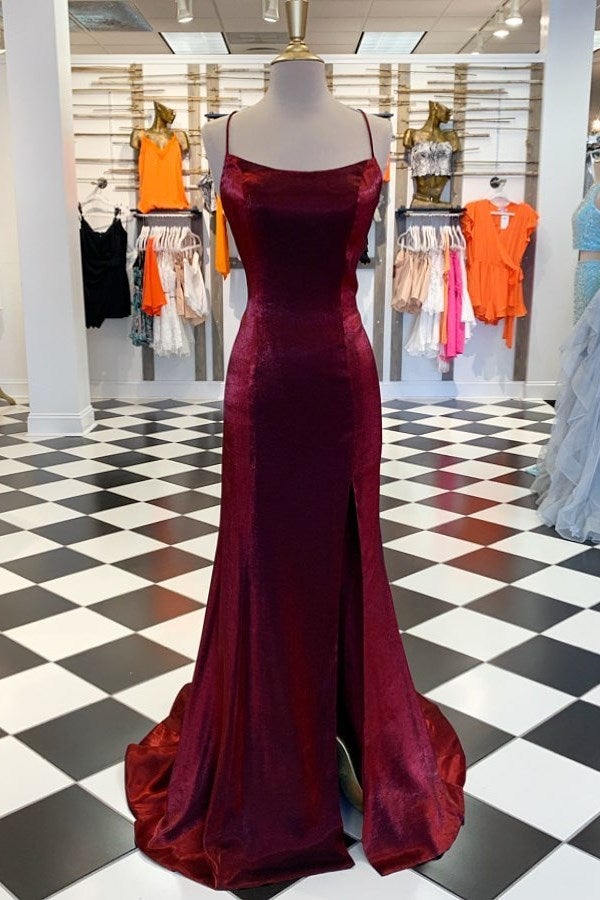 Burgundy Strappy Mermaid High Side Slit Dress C2082