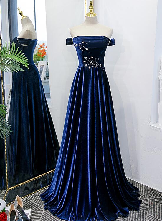 Blue Velvet Beaded Elegant Off Shoulder Evening Dress, Blue Long Prom Dress Party Dress C1751