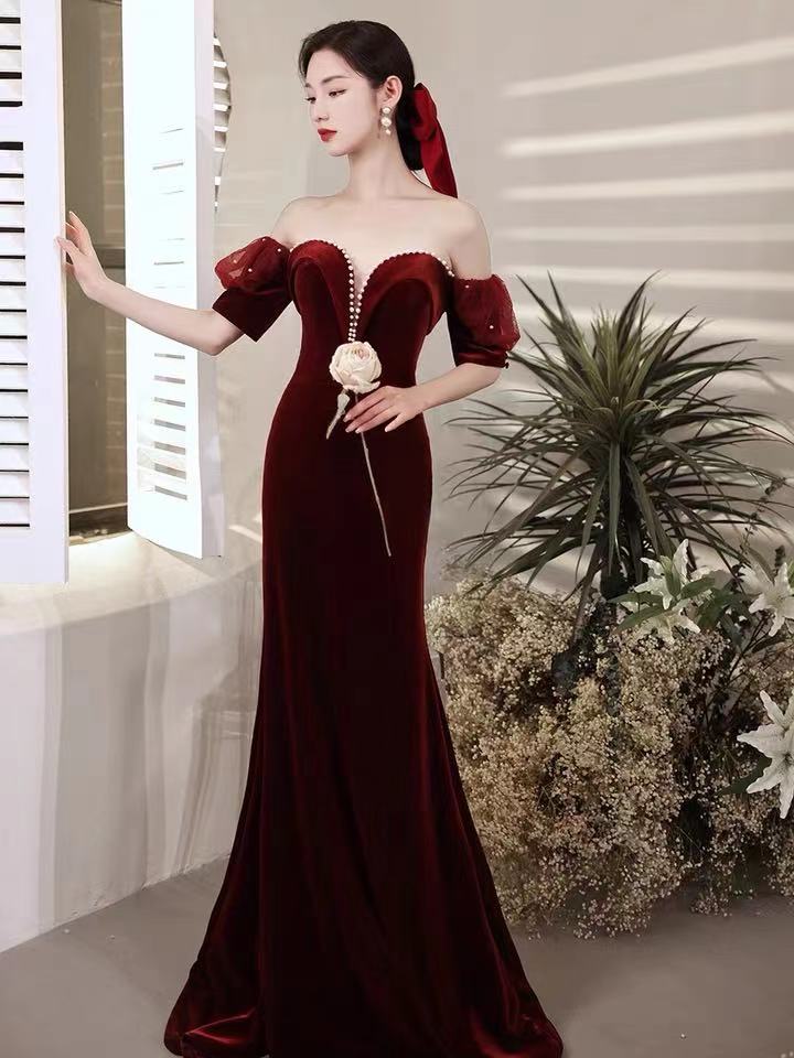 Burgundy party dress,off shoulder evening dress,velvet mermaid long prom dress,backless sexy formal dress,custom made C2094