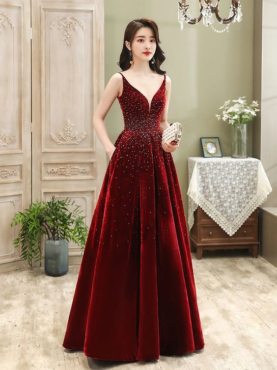 Wine Red Velvet Straps Long Evening Dress, Floor Length New Style Prom Dress, Paty Dress C1736