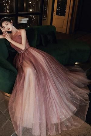 Cute A line tulle long prom dress evening dress C1468
