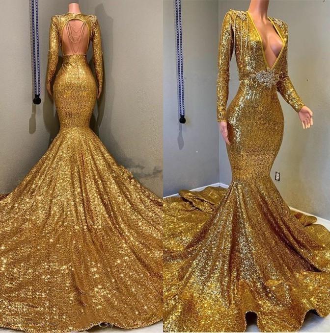 Sexy Mermaid Gold V Neck Backless Long Sleeves Sequence African American Prom Dresses C2279