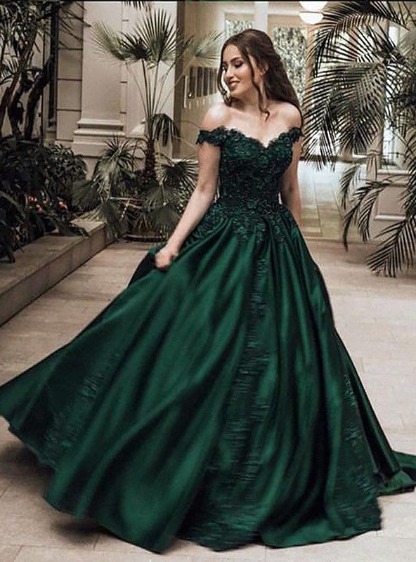 Classic Satin Dark Green Off Shoulder Sweetheart Ball Gown Prom Dress C2102