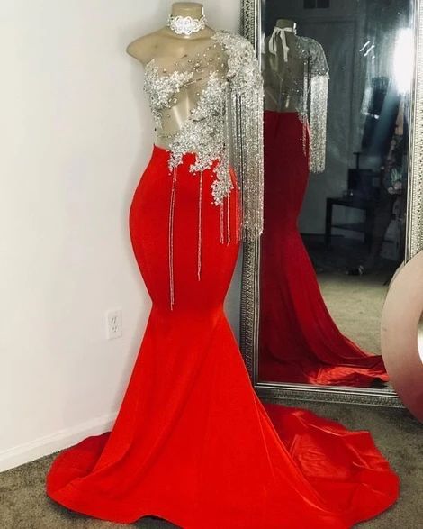 Tassel Prom Dresses, One Shoulder Prom Dresses, Mermaid Prom Dresses, Red Prom Dress C1938