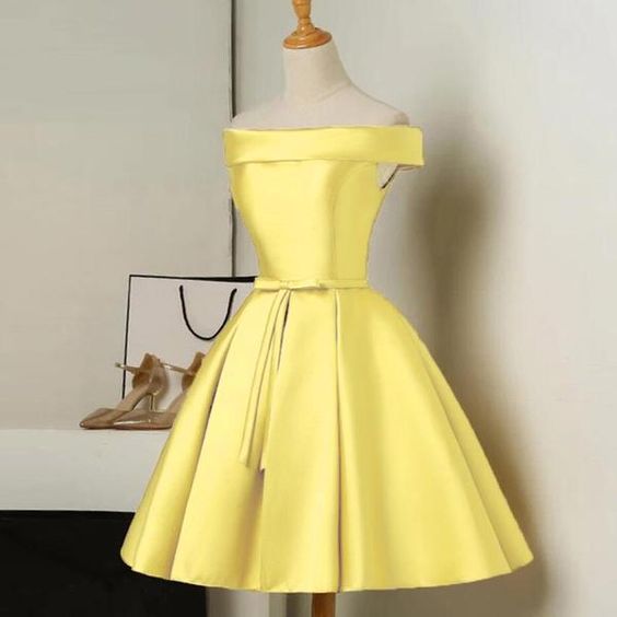 Lovely Yellow Satin Off Shoulder Short Party Dress, Yellow Homecoming Dress C2069