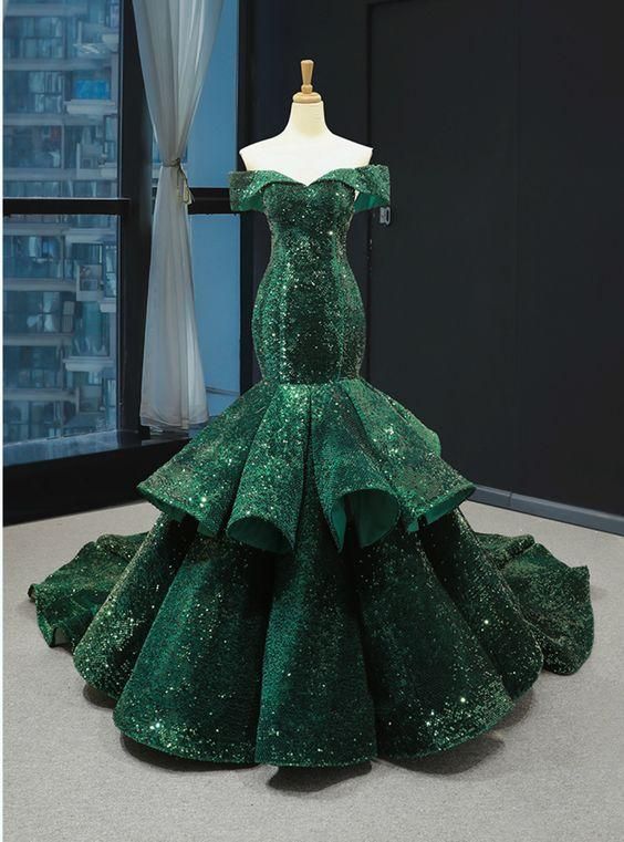 Green Mermaid Sequins Off the Shoulder Luxury Prom Dress With Train C2129