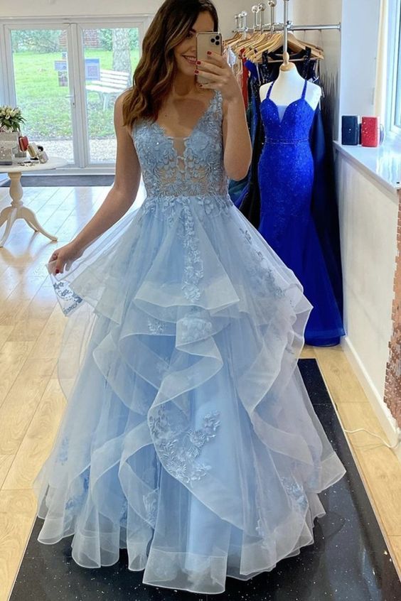 V Neck Fluffy Blue Lace Long Prom Dress, Blue Lace Formal Dress, Layered Blue Evening Dress C390
