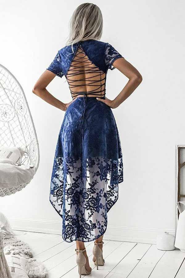 Fashion Dark Blue Lace Short Sleeve Hi-Low Party Dress,Short Prom Dress C725