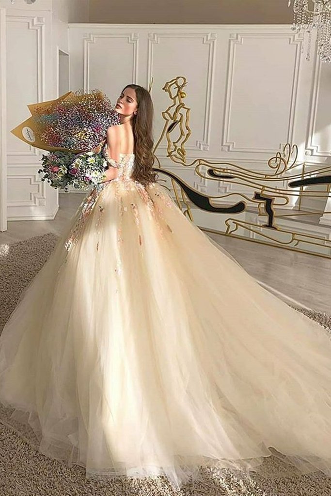 Gorgeous Off Shoulder Champagne Lace Floral Prom Dress, Long 3D Flower Champagne Formal Evening Dress, Champagne Ball Gown C1233