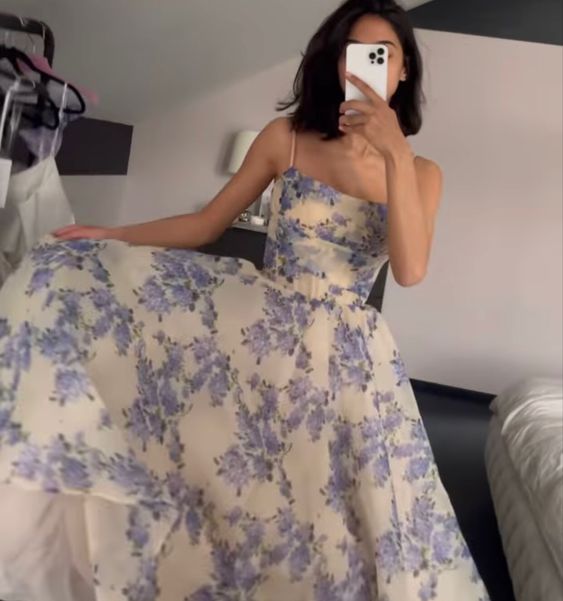 Tea-Length Party Dresses Spaghetti Straps Flower Print Prom Dress c2772