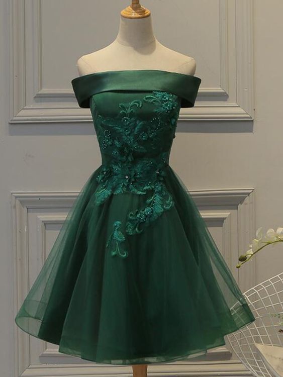 Lovely Off Shoulder Green Short Satin Party Dress With Lace Applique, Green Homecoming Dresses c3090