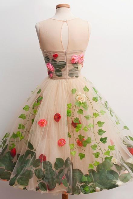 Tulle Short Homecoming Dress A-Line Scoop with 3D Florals c2708
