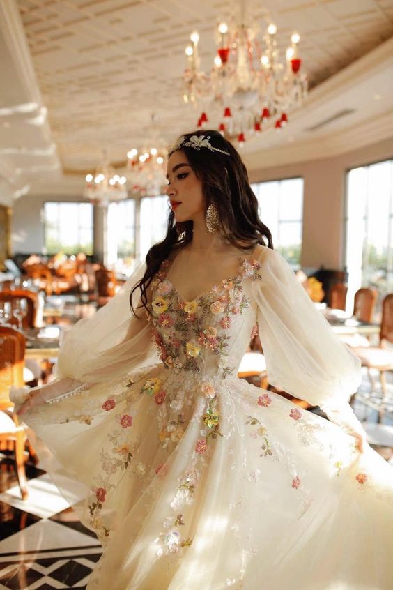 Princess Ball Gown Tulle Long Evening Prom Dress Puffy Sleeves Fairy Prom Dress c3081