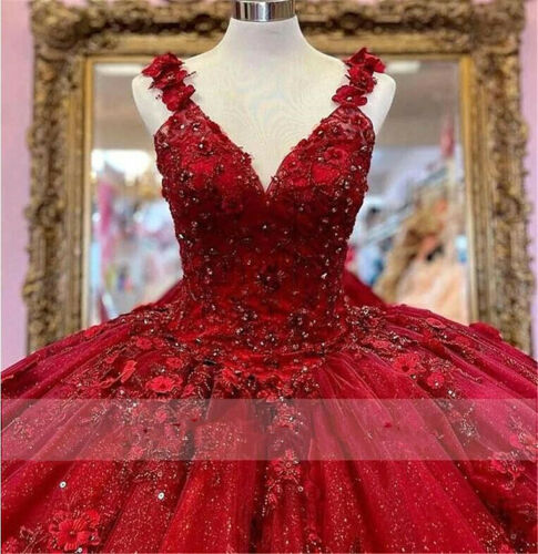 Red Quinceanera Dresses 3D Flowers Appliques Top Beaded Ball Gown Sweet 16 Dress c2761