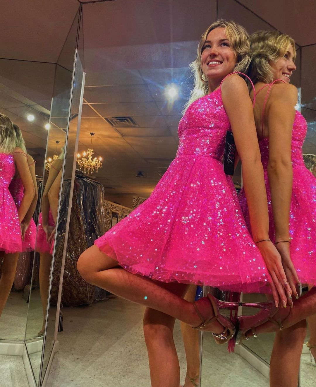 Glitter Straps Hot Pink Short Homecoming Dress c2706