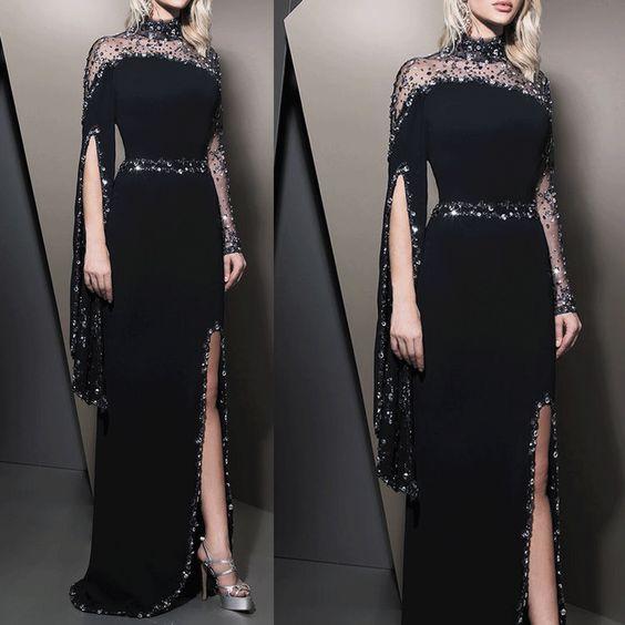 Black Evening Dress, Beaded Evening Dress, High Neck Evening Dress prom dress with long sleeves c2958