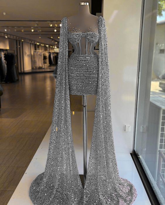 Grey Sequins Mini Homecoming Dress With Long Sleeves Sparkly Party Dress c2822