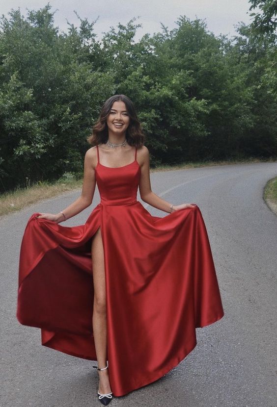 Spaghetti Straps Satin Simple Long Prom Dresses Red Back to School Dress c2829