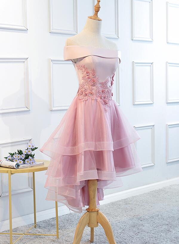 Lovely Off Shoulder Tulle Pink Layers Homecoming Dress, High Low Party Dress c2692