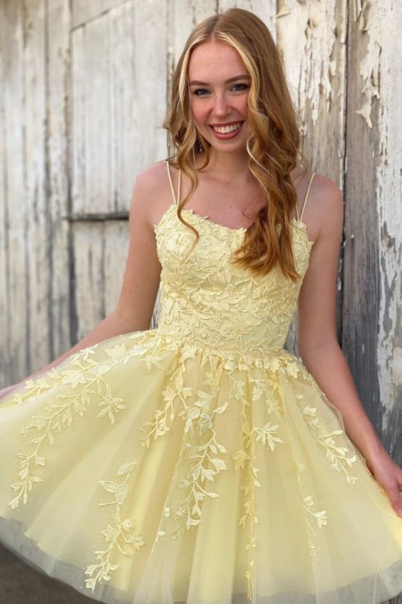 Pretty short A-line yellow homecoming dress with spaghetti straps c265 CherryPromDress Pretty short A-line yellow homecoming dress with spaghetti straps c265 CherryPromDress