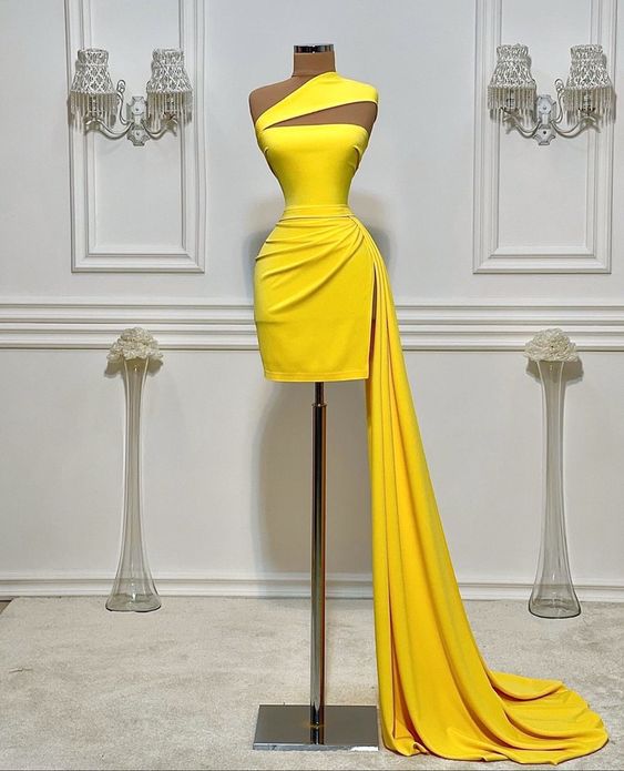 Yellow dinner short gown simple party dress c2653