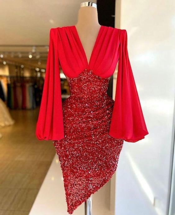 Red Short Irregular Party Dress Puffy Sleeves Homecoming Dress c2650