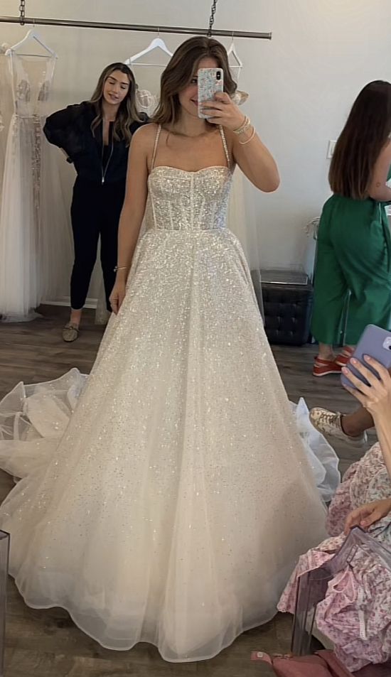 Glitter Beach Wedding Dresses Spaghetti Straps A-Line Bridal Gowns Open Back Long Simple Prom Dress c2568