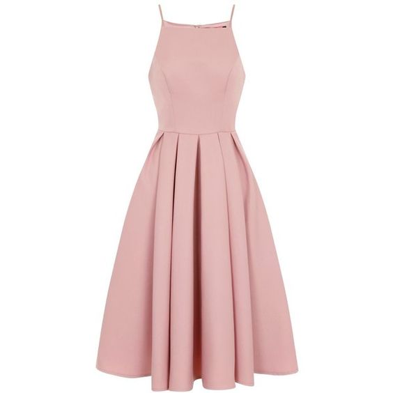 Pink Midi Pleated Skater Dress Featuring Halter Neck and Spaghetti Straps Homecoming Dress Simple Party Dress c2546