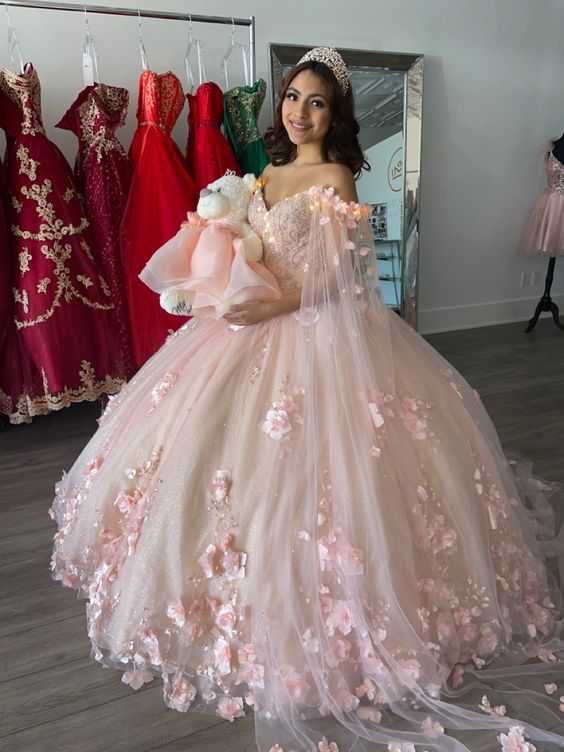 Pink Ball Gown With 3D Flowers Sweet 16 Dress Romantic Pink Embroidery Cape Ball Gown 3D Floral Beaded Long Sweet Frill Dress c2555