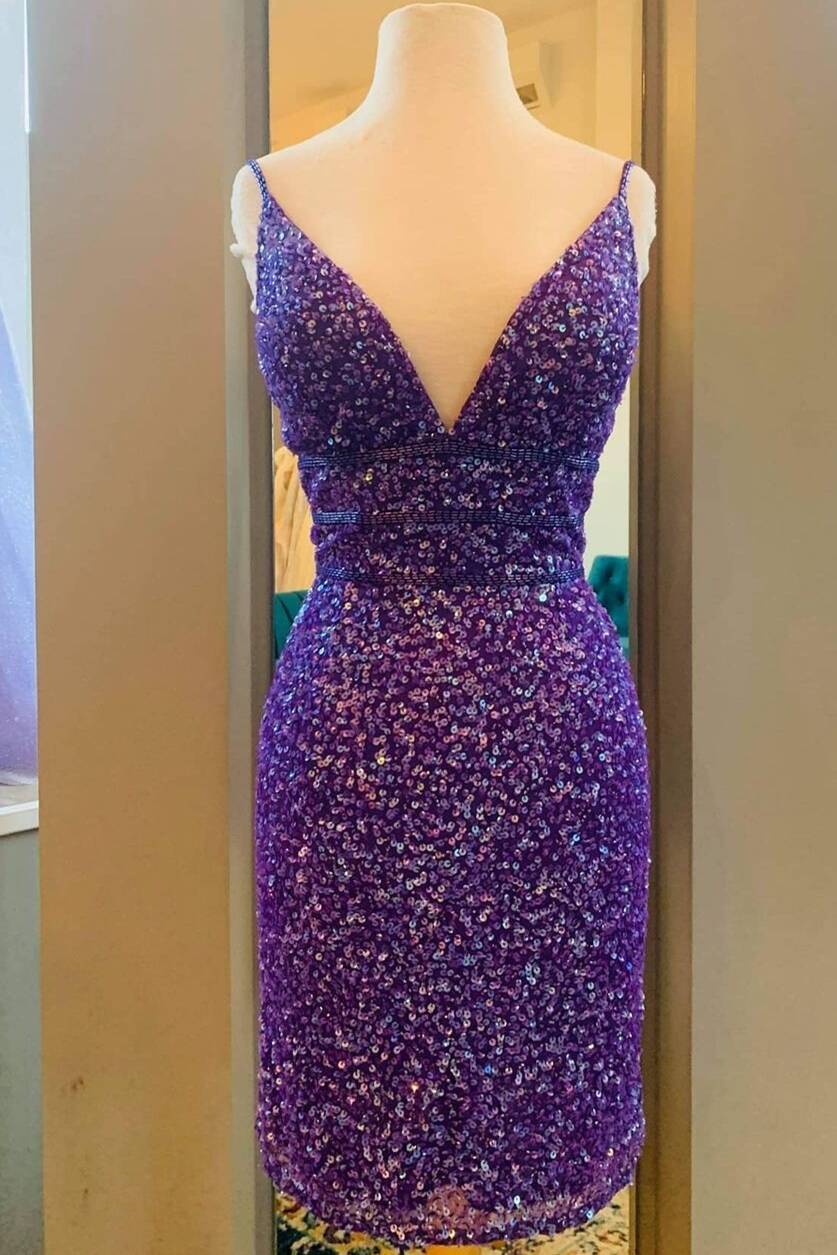 Purple Sequins Tight Short Party Dress c3227