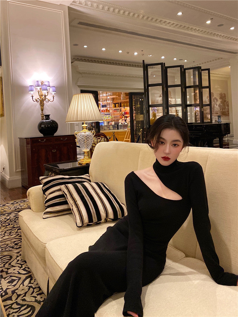 Black Sexy Off Shoulder Dress Women Vintage Elegant Highneck All Match Long Sleeve Bodycon Dresses Femme Party Dress Black Prom Dress c2477