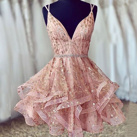 A Line V Neck Short Lace Prom Dresses, Cross Back Short Champagne Lace Formal Homecoming Dresses c2460