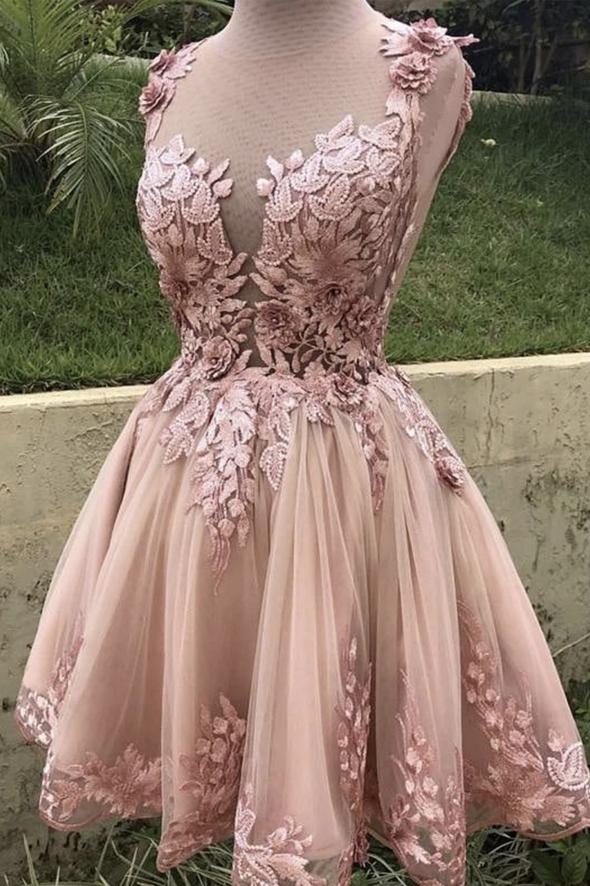 Pink lace short A line short homecoming dress C1324