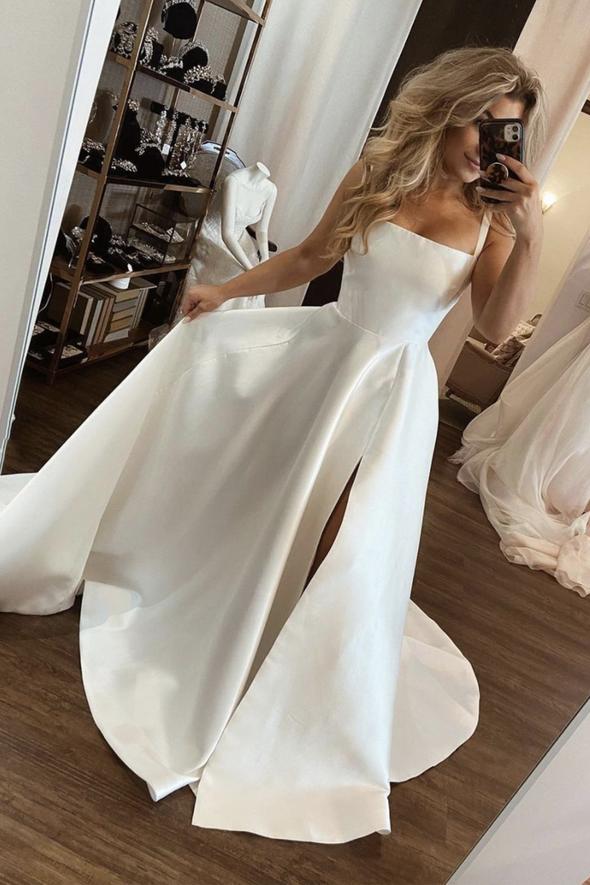 White satin long A line prom dress evening dress C1426